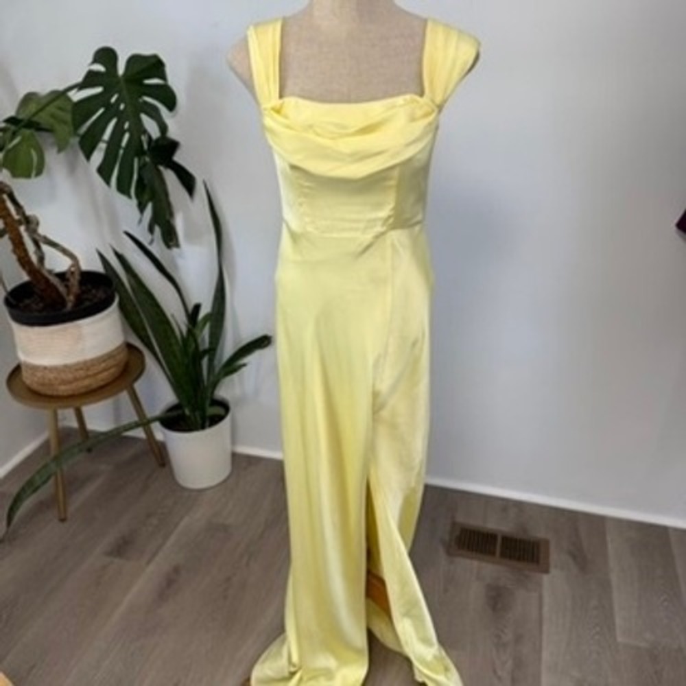 Birdy Grey Yellow Satin Maxi Dress with Cowl Neck